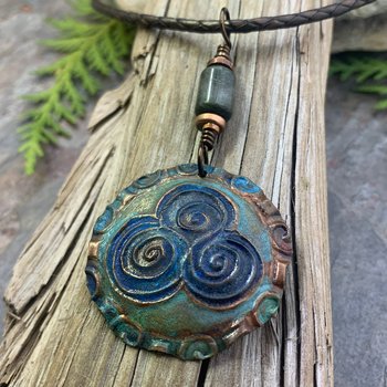 Newgrange Spirals, Copper Pendant, Connemara Marble, Triple Spiral, Irish Celtic Jewelry, Verdigris Patina, Blue Green Copper, Pagan Witch