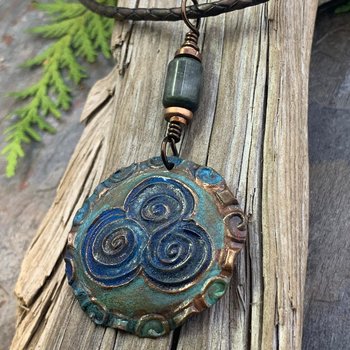 Newgrange Spirals, Copper Pendant, Connemara Marble, Triple Spiral, Irish Celtic Jewelry, Verdigris Patina, Blue Green Copper, Pagan Witch