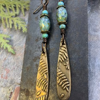 Fern Bronze Earrings, Teardrop Shield, Botanical Earthy, Green Witch, Hypoallergenic Ear Wires, Aqua Czech Glass, Handmade Art Jewelry