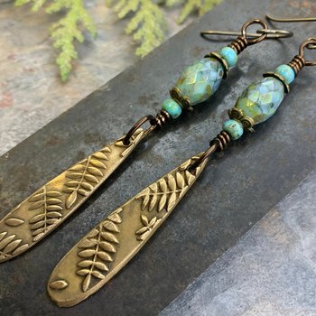 Fern Bronze Earrings, Teardrop Shield, Botanical Earthy, Green Witch, Hypoallergenic Ear Wires, Aqua Czech Glass, Handmade Art Jewelry