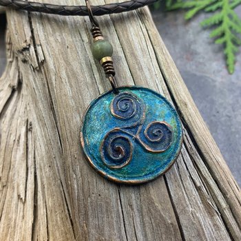 Triskele Pendant, Triskelion, Triple Spiral, Copper Patina, Irish Celtic Jewelry, Connemara Marble, Pagan Wicca, Triple Goddess Charm