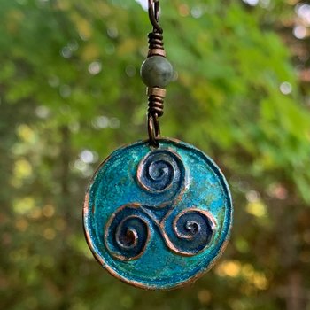 Triskele Pendant, Triskelion, Triple Spiral, Copper Patina, Irish Celtic Jewelry, Connemara Marble, Pagan Wicca, Triple Goddess Charm