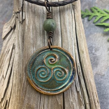 Triskele Pendant, Triskelion, Triple Spiral, Copper Patina, Irish Celtic Jewelry, Connemara Marble, Pagan Wicca, Triple Goddess Charm