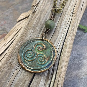 Triskele Pendant, Triskelion, Triple Spiral, Copper Patina, Irish Celtic Jewelry, Connemara Marble, Pagan Wicca, Triple Goddess Charm