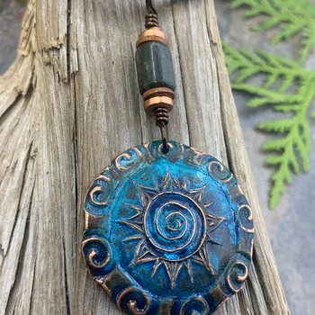Celtic Sun Spiral Necklace, Copper Sun Charm, Irish Celtic Spirals, Connemara Marble, Hand Carved, Verdigris Patina, Handmade Art Jewelry