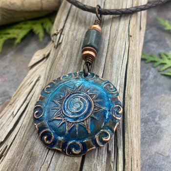 Celtic Sun Spiral Necklace, Copper Sun Charm, Irish Celtic Spirals, Connemara Marble, Hand Carved, Verdigris Patina, Handmade Art Jewelry