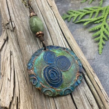 Newgrange Spirals, Copper Pendant, Connemara Marble, Triple Spiral, Irish Celtic Jewelry, Verdigris Patina, Blue Green Copper, Pagan Witch