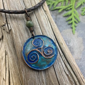 Triskele Pendant, Triskelion, Triple Spiral, Copper Patina, Irish Celtic Jewelry, Connemara Marble, Pagan Wicca, Triple Goddess Charm