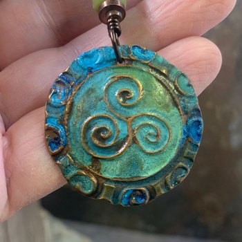 Triskele Copper Pendant, Triskelion, Connemara Marble, Triple Spiral, Irish Celtic Jewelry, Verdigris Patina, Blue Green Copper, Pagan Witch