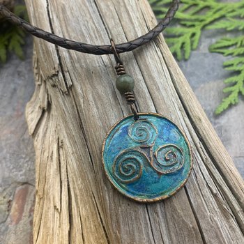 Triskele Pendant, Triskelion, Triple Spiral, Copper Patina, Irish Celtic Jewelry, Connemara Marble, Pagan Wicca, Triple Goddess Charm