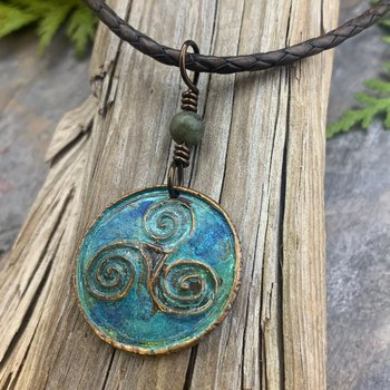 Triskele Pendant, Triskelion, Triple Spiral, Copper Patina, Irish Celtic Jewelry, Connemara Marble, Pagan Wicca, Triple Goddess Charm