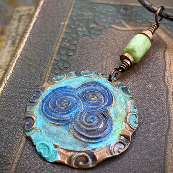Newgrange Spirals, Copper Pendant, Connemara Marble, Triple Spiral, Irish Celtic Jewelry, Verdigris Patina, Blue Green Copper, Pagan Witch