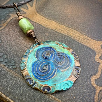 Newgrange Spirals, Copper Pendant, Connemara Marble, Triple Spiral, Irish Celtic Jewelry, Verdigris Patina, Blue Green Copper, Pagan Witch