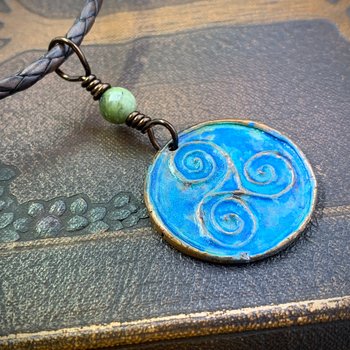 Triskele Copper Pendant, Verdigris Patina, Hand Carved, Connemara Marble, Triskelion Triple Spiral, Irish Celtic Pagan, Newgrange Ireland