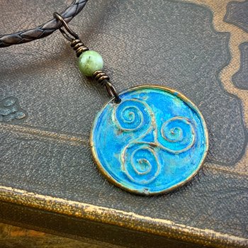 Triskele Copper Pendant, Verdigris Patina, Hand Carved, Connemara Marble, Triskelion Triple Spiral, Irish Celtic Pagan, Newgrange Ireland