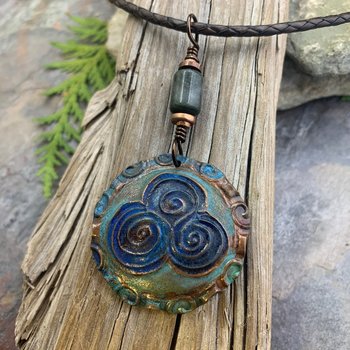 Newgrange Spirals, Copper Pendant, Connemara Marble, Triple Spiral, Irish Celtic Jewelry, Verdigris Patina, Blue Green Copper, Pagan Witch