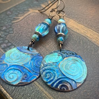 Copper Spiral Earrings, Verdigris Patina, Disc Earrings, Copper and Turquoise, Czech Glass Beads, Wire Wrapped, Irish Celtic Jewelry, Pagan