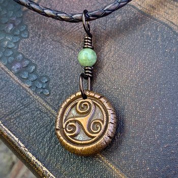 Triskele Copper Necklace, Connemara Marble, Wax Seal Charm, Irish Celtic Symbols, Triple Spiral, Triskelion, Pagan Jewelry, 7th Anniversary