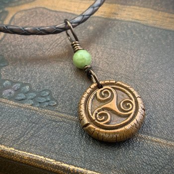 Triskele Copper Necklace, Connemara Marble, Wax Seal Charm, Irish Celtic Symbols, Triple Spiral, Triskelion, Pagan Jewelry, 7th Anniversary