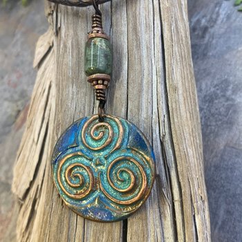 Triskele Copper Pendant, Triskelion, Connemara Marble, Triple Spiral, Irish Celtic Jewelry, Verdigris Patina, Blue Green Copper, Pagan Witch