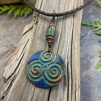 Triskele Copper Pendant, Triskelion, Connemara Marble, Triple Spiral, Irish Celtic Jewelry, Verdigris Patina, Blue Green Copper, Pagan Witch
