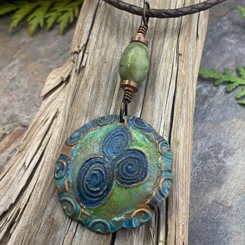 Newgrange Spirals, Copper Pendant, Connemara Marble, Triple Spiral, Irish Celtic Jewelry, Verdigris Patina, Blue Green Copper, Pagan Witch