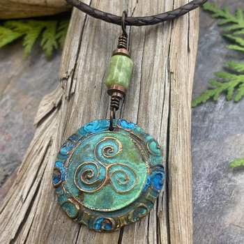 Triskele Copper Pendant, Triskelion, Connemara Marble, Triple Spiral, Irish Celtic Jewelry, Verdigris Patina, Blue Green Copper, Pagan Witch