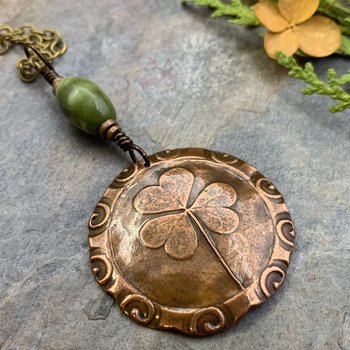Shamrock Pendant, Connemara Marble Necklace, Irish Celtic Spirals, Copper 7th Anniversary, Irish Clover, Leather Vegan Cords, Antiqued Chain