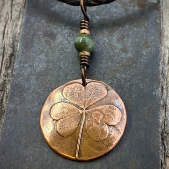 Shamrock Copper Pendant, Connemara Marble Necklace, Irish Celtic Spirals, Irish Clover, Leather Vegan Cords, Handmade in Door County WI