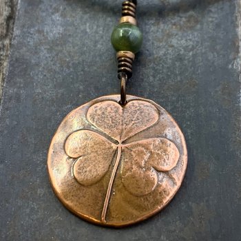Shamrock Copper Pendant, Connemara Marble Necklace, Irish Celtic Spirals, Irish Clover, Leather Vegan Cords, Handmade in Door County WI