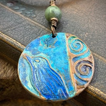 Copper Raven Pendant, Colorful Patina, Connemara Marble, Hand Carved, Irish Celtic Spirals, Celtic Witch Goddess, Ancient Earthy Jewelry