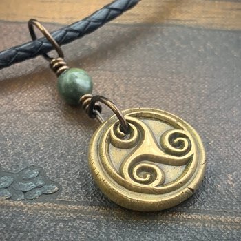 Triskele Bronze Necklace, Connemara Marble, Wax Seal Charm, Irish Celtic Symbols, Triple Spiral, Triskelion, Pagan Jewelry, 8th Anniversary