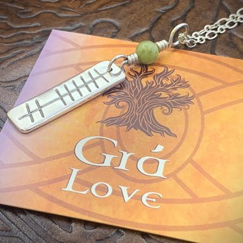 Grá Ogham Necklace, Love Bar Charm, Sterling Silver, Connemara Marble, Irish Celtic Jewelry, Hand Carved, Love Friend Gifts, Art Jewelry