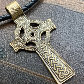Bronze Celtic Cross, Irish Celtic Jewelry, Cross Pendant, Celtic Knots Spirals, Cross for Men Women, Handmade Art, Leather & Vegan Necklaces