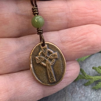 Copper Celtic Cross, Wax Seal Charm, Connemara Marble, Irish Celtic, Copper Cross Necklace, Leather & Vegan Cords, Handmade Art Jewelry