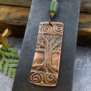 Celtic Tree of Life, Copper Pendant, Connemara Marble, Irish Celtic Spirals, Hand Carved, Crann Bethadh,  Soul Harbor Jewelry, Handmade Art