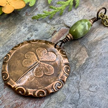 Shamrock Pendant, Connemara Marble Necklace, Irish Celtic Spirals, Copper 7th Anniversary, Irish Clover, Leather Vegan Cords, Antiqued Chain