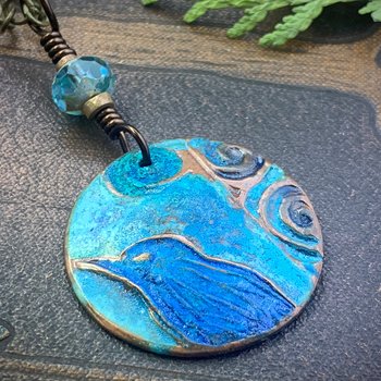 Copper Raven Pendant, Colorful Patina, Czech Glass Bead, Hand Carved, Irish Celtic Spirals, Celtic Witch Goddess, Ancient Earthy Jewelry