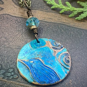 Copper Raven Pendant, Colorful Patina, Czech Glass Bead, Hand Carved, Irish Celtic Spirals, Celtic Witch Goddess, Ancient Earthy Jewelry