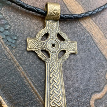 Bronze Celtic Cross, Irish Celtic Jewelry, Cross Pendant, Celtic Knots Spirals, Cross for Men Women, Handmade Art, Leather & Vegan Necklaces