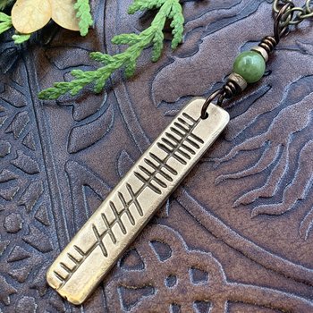 Believe Ogham Necklace, Creid Irish Gaelic, Bronze Bar Charm, Connemara Marble, Irish Celtic, Hand Carved Pendant, Soul Harbor Jewelry