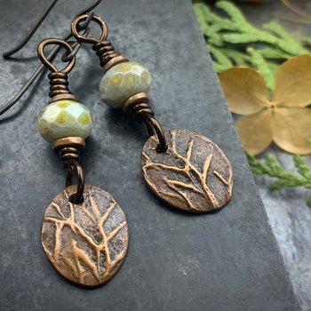 Copper Tree Earrings, Little Leaves, Czech Glass Beads, Hand Carved, Hypoallergenic Ear Wires, Nature Earth Jewelry, Recycled Eco Friendly