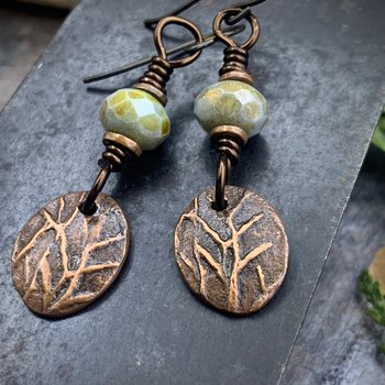 Copper Tree Earrings, Little Leaves, Czech Glass Beads, Hand Carved, Hypoallergenic Ear Wires, Nature Earth Jewelry, Recycled Eco Friendly