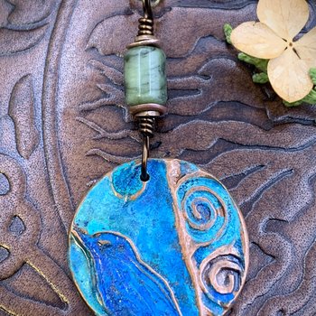 Copper Raven Pendant, Colorful Patina, Connemara Marble, Hand Carved, Irish Celtic Spirals, Celtic Witch Goddess, Ancient Earthy Jewelry
