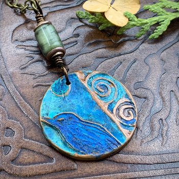 Copper Raven Pendant, Colorful Patina, Connemara Marble, Hand Carved, Irish Celtic Spirals, Celtic Witch Goddess, Ancient Earthy Jewelry