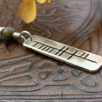 Warrior Laoch, Ogham Pendant, Sterling Silver Necklace, Bar Charm, Connemara Marble, Irish Celtic Jewelry, Strength Courage, Fighter Bravery