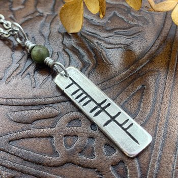 Warrior Laoch, Ogham Pendant, Sterling Silver Necklace, Bar Charm, Connemara Marble, Irish Celtic Jewelry, Strength Courage, Fighter Bravery