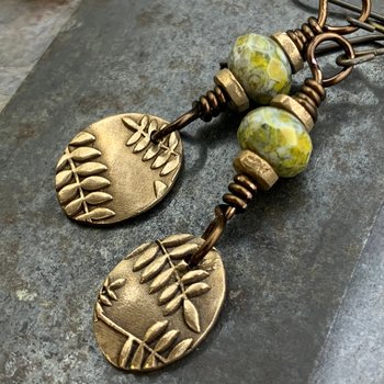 Fern Bronze Earrings, Light Dangle Earrings, Earthy Czech Glass Beads, Hypoallergenic Ear Wires, Botanical Green Witch, Soul Harbor Jewelry