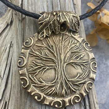 Celtic Tree of Life, Bronze Pendant, Irish Celtic Spirals, Round Tree of Life, Crann Bethadh, Hand Carved, Green Witch, Leather & Vegan Cord