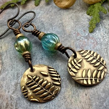 Fern Bronze Earrings, Light Dangle Earrings, Earthy Czech Glass Beads, Hypoallergenic Ear Wires, Botanical Green Witch, Soul Harbor Jewelry